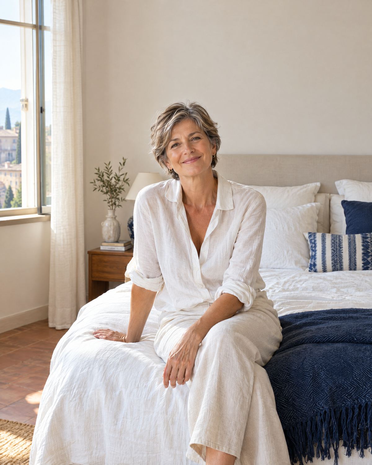 Donna sorridente seduta sul letto al mattino